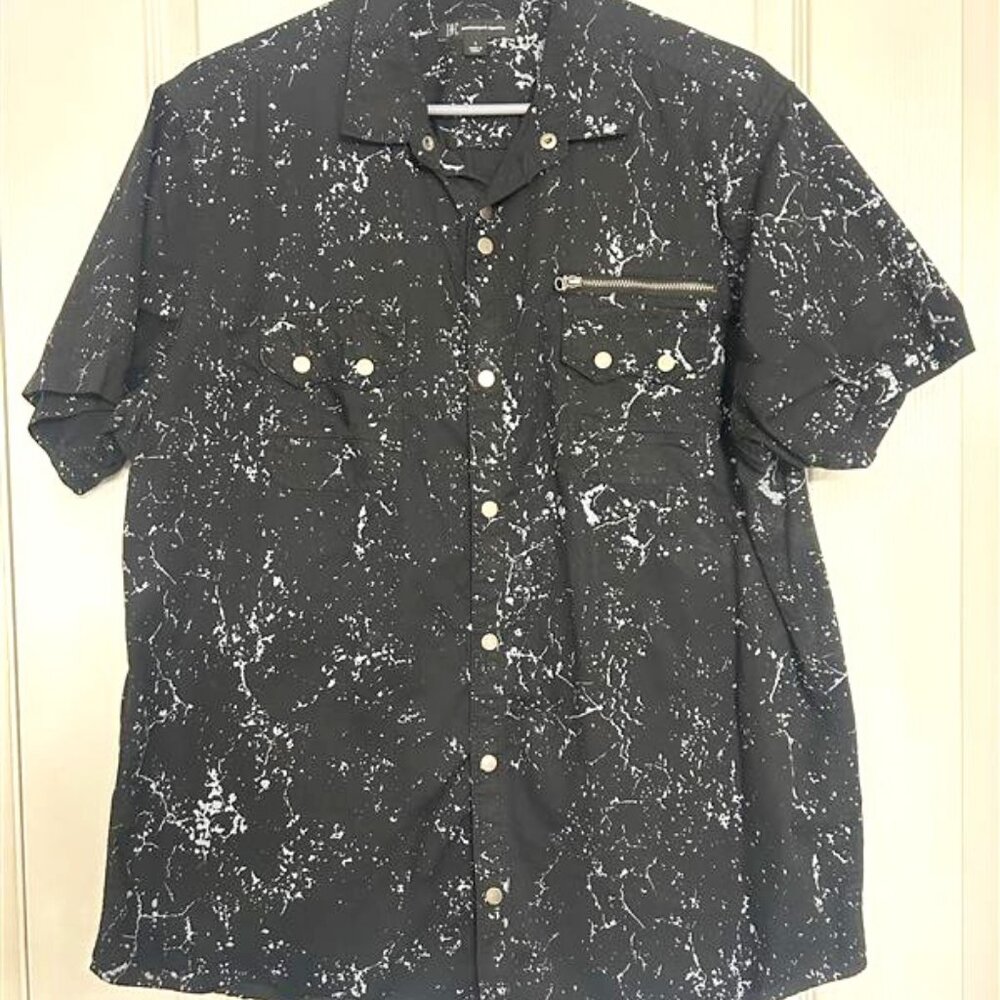 INC Snap Button Marble Short Sleeve Collared Shirt